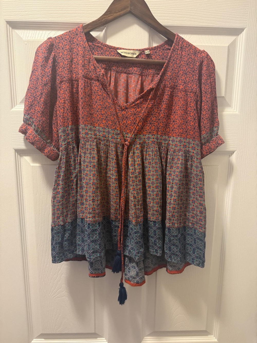 Windsor Mixed-Print Tassel Peasant Blouse in Red & Blue